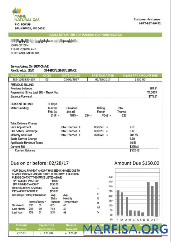 Downloadable USA Marine Maine Natural Gas Portland utility bill template in Word format